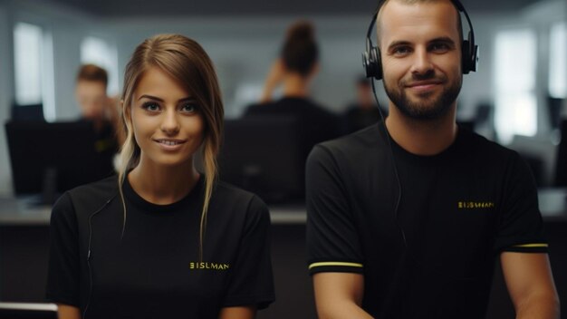 Foto foto de las empleadas femeninas y masculinas del trabajo del centro de llamadas en la tienda en línea