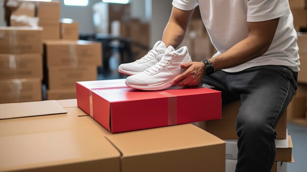 Una foto de un empleado de la tienda desempaquetando los zapatos nuevos