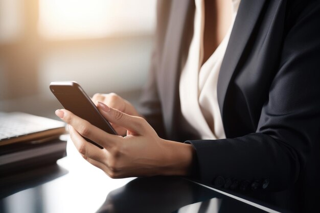 Foto de un empresario irreconocible usando su teléfono inteligente en el trabajo creado con IA generativa