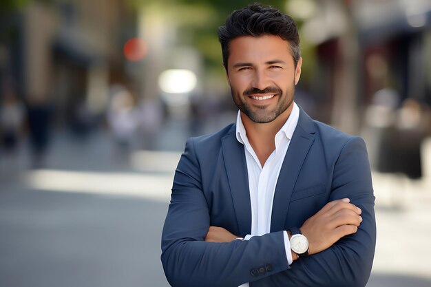 Foto foto de un empresario sonriente posando al aire libre con los brazos cruzados y espacio para copiar