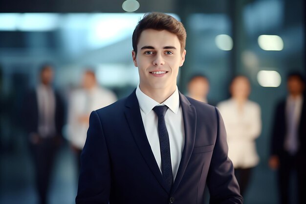 Foto de un empresario sonriente posando en un interior con los brazos cruzados y espacio para copiar