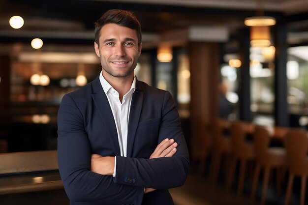 Foto foto de un empresario sonriente posando en un interior con los brazos cruzados y espacio para copiar