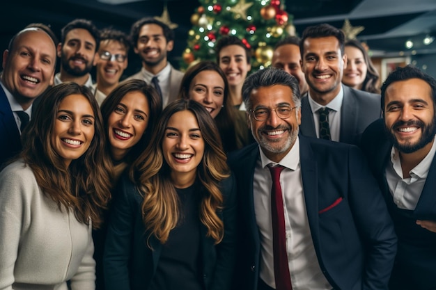 Una foto de empresarios felices celebrando la Navidad en el trabajo.