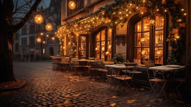 Una foto de un encantador café con luces de hadas parpadeantes en el fondo de la calle de adoquines