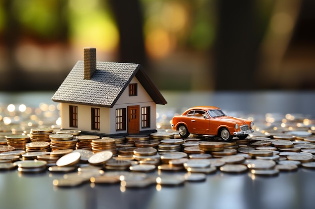 Foto encantadora com uma pequena casa modelo de carro de brinquedo e uma pilha de moedas em um limpo