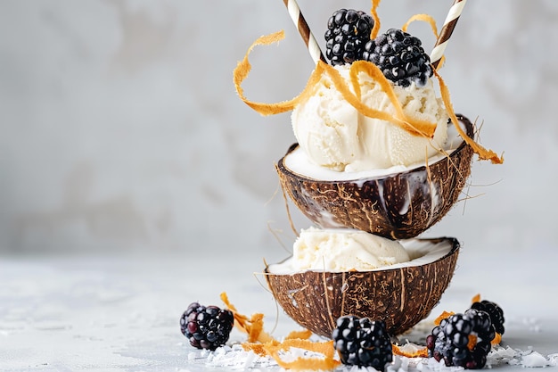 Una foto encantadora y deliciosa de dos cáscaras de coco apiladas una encima de la otra