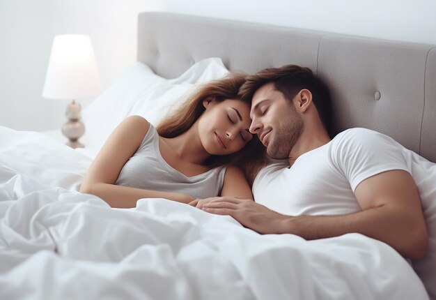 Foto de una encantadora pareja durmiendo en una cómoda cama blanca