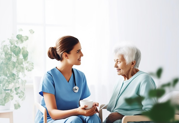 Foto de una enfermera ayudando al paciente que cuida a un paciente anciano