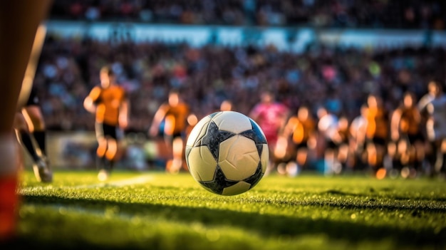 Una foto enfocada de una pelota en el aire durante un partido del equipo de fútbol juvenil