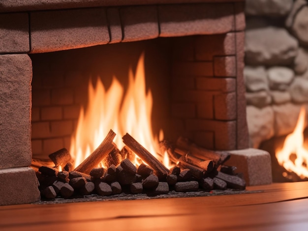 Foto de enfoque de la chimenea sobre un acogedor fondo borroso