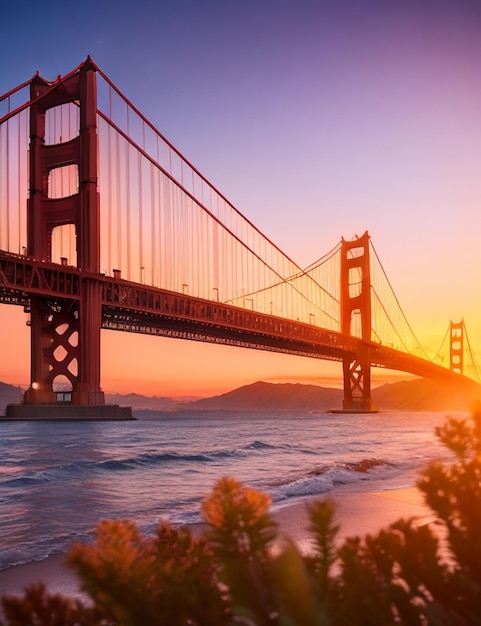 Foto de enfoque de la hermosa vista del atardecer del puente Golden Gate sobre un acogedor fondo borroso