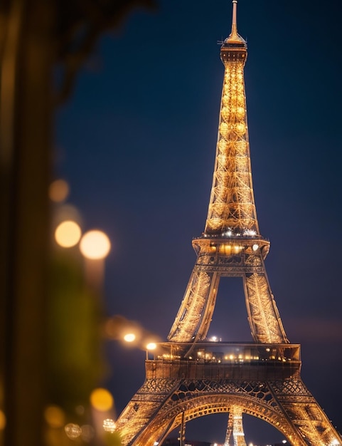 Foto de enfoque de la torre Eiffel sobre un acogedor fondo borroso durante la noche