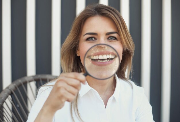 Foto engraçada de uma jovem com um lindo sorriso branco em uma lupa
