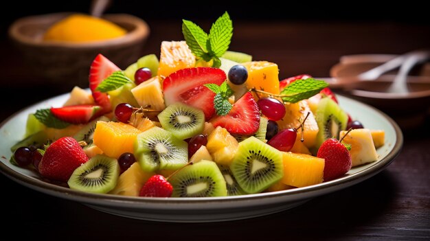 Foto foto de ensalada de frutas tropicales con limón de miel como plato en un restaurante de alta gama