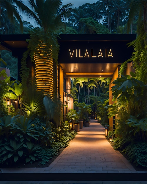 Foto de la entrada de un resort tropical iluminada por la noche