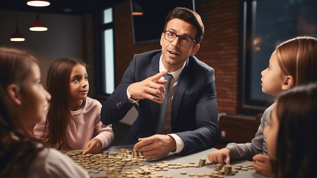Una foto de un entrenador financiero enseñando a los niños sobre el dinero