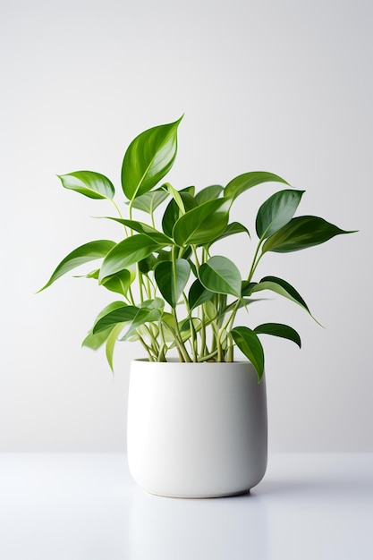 Foto de Epipremnum aureum en una maceta minimalista como planta de interior para la decoración del hogar en una mesa blanca