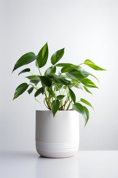 Foto de Epipremnum aureum en una maceta minimalista como planta de interior para la decoración del hogar en una mesa blanca