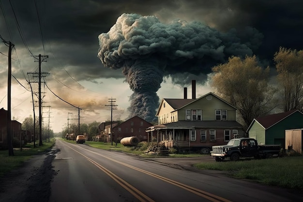 Foto de época de una enorme nube de humo sobre un camino rural IA generativa