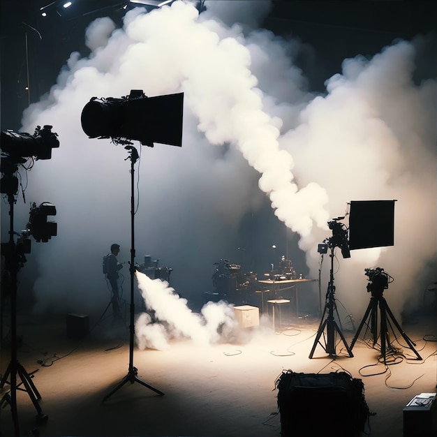 Foto equipo de iluminación profesional en el plató con humo en el aire