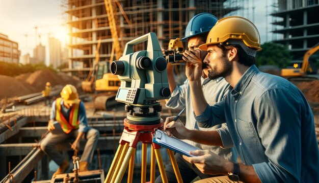 Foto de un equipo de topografía con equipos de teodolito en un sitio de construcción durante la puesta del sol