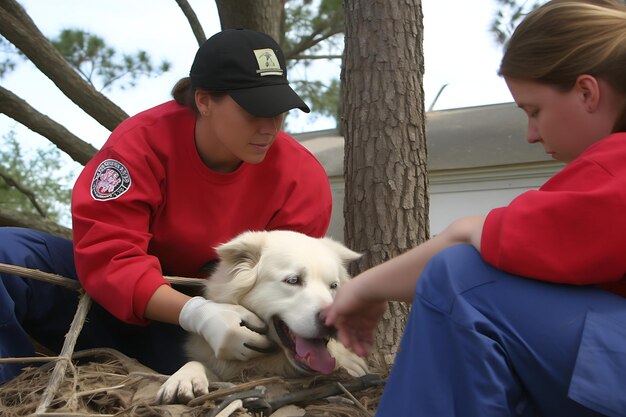 Foto foto de equipos de respuesta de emergencia rescatando mascotas