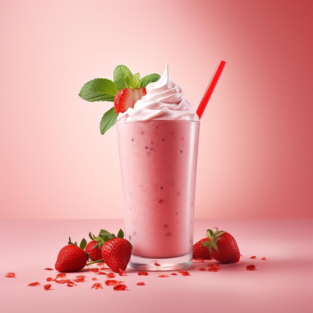 Foto Erdbeer-Smoothie in Plastikbechern auf hellem Hintergrund farbenfrohes Diätkonzept