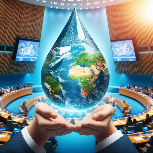 Foto Erde in Form eines Tropfens aus zwei Händen UN-Konferenz zum KlimawandelWeltwassertag