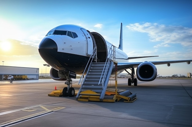 Foto escada para a entrada da aeronave no estacionamento no aeroporto vista do nariz