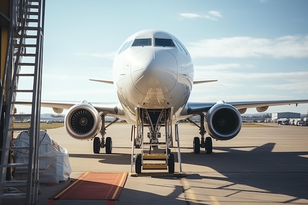 Foto escada para a entrada da aeronave no estacionamento no aeroporto vista do nariz