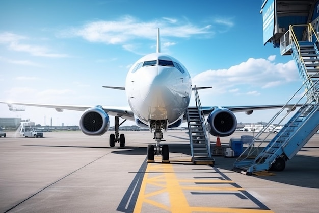 Foto foto escada para a entrada da aeronave no estacionamento no aeroporto vista do nariz