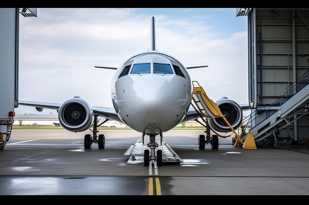 Foto escada para a entrada da aeronave no estacionamento no aeroporto vista do nariz