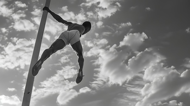 Una foto en escala de gris de un saltador de postes saltando por encima de la barra El atleta está en el aire con las piernas extendidas y los brazos extendidos
