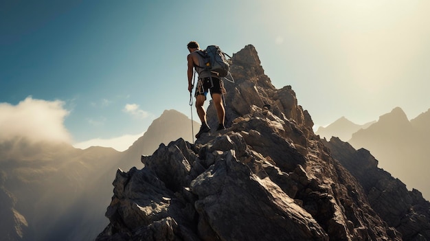 Una foto de un escalador alcanzando la cima de un pico