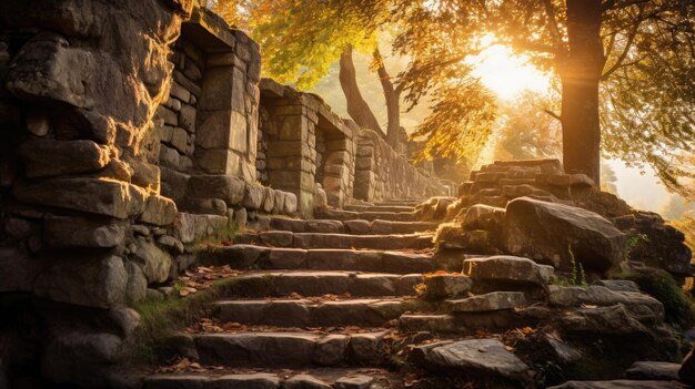 Foto una foto de una escalera de piedra que conduce a una colina luz del sol hora de oro