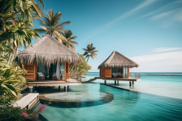 Foto foto de una escapada a una isla tropical con cabañas en la playa ia generativa