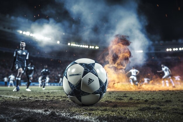 Foto de una escena de fútbol en el estadio con un primer plano de un zapato  de fútbol pateando la pelota | Foto Premium
