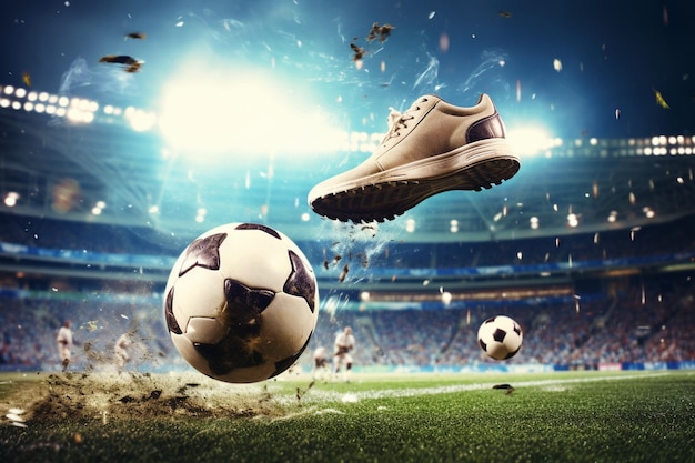 Foto de una escena de fútbol en el estadio con un primer plano de un zapato  de fútbol pateando la pelota | Foto Premium