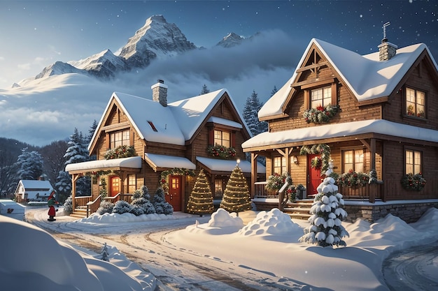 Foto escena navideña al aire libre ilustración de una casa navideña con paisaje invernal nevado en un pueblo