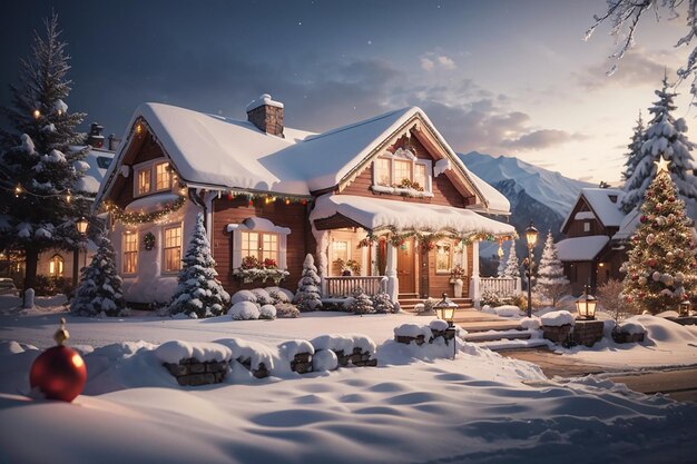 Foto escena navideña al aire libre ilustración de una casa navideña con paisaje invernal nevado en un pueblo