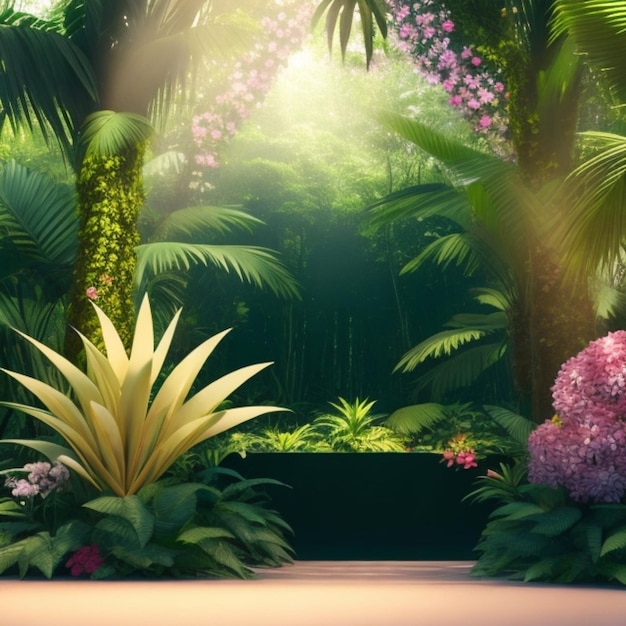 Foto foto una escena de la selva con un banco de piedra y una planta verde