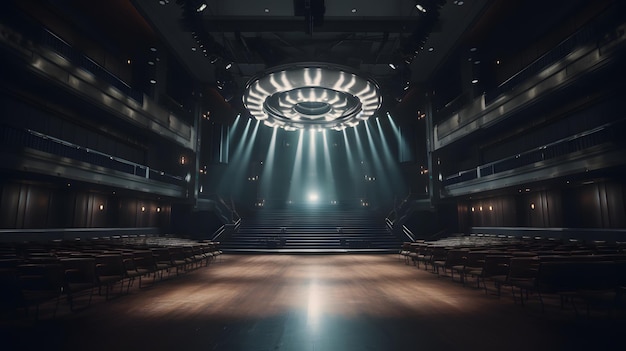 Una foto de un escenario con una gran luz encendida.