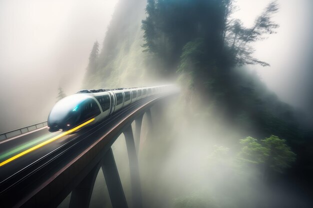 Foto escénica de larga exposición del tren futurista que atraviesa la montaña