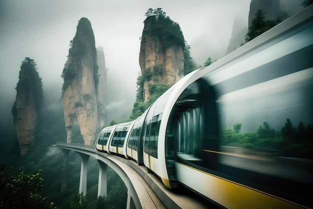 Foto escénica de larga exposición del tren futurista que atraviesa la montaña