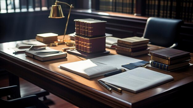 Una foto de un escritorio de abogados con cuadernos legales