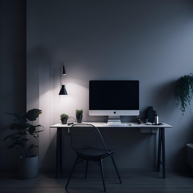 Foto de un escritorio de computadora en una habitación débilmente iluminada