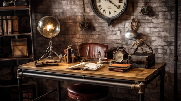 Una foto de escritorio de estilo industrial con accesorios inspirados en el vintage