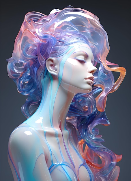 Foto escultura de mulher cibernética realista de líquido holográfico ai generativo