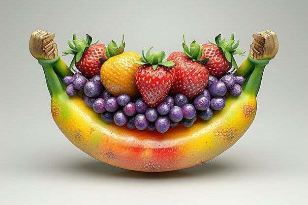 Foto una foto con una escultura de frutas meticulosamente elaborada que muestra un plátano maduro, fresas deliciosas y uvas deliciosas, diseño de superfruta modificada genéticamente generado por ia.