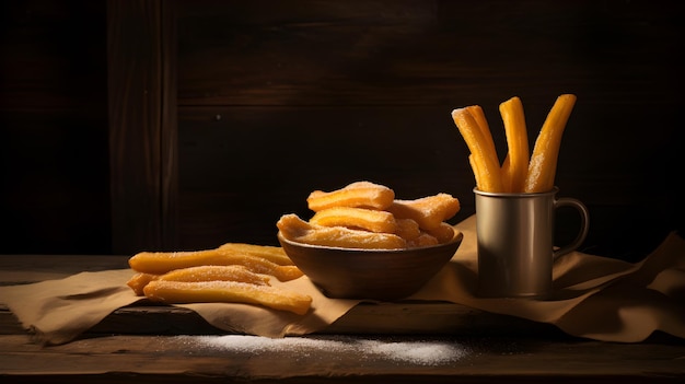 Foto escura de Churros, um doce tradicional de origem espanhola ou mexicana